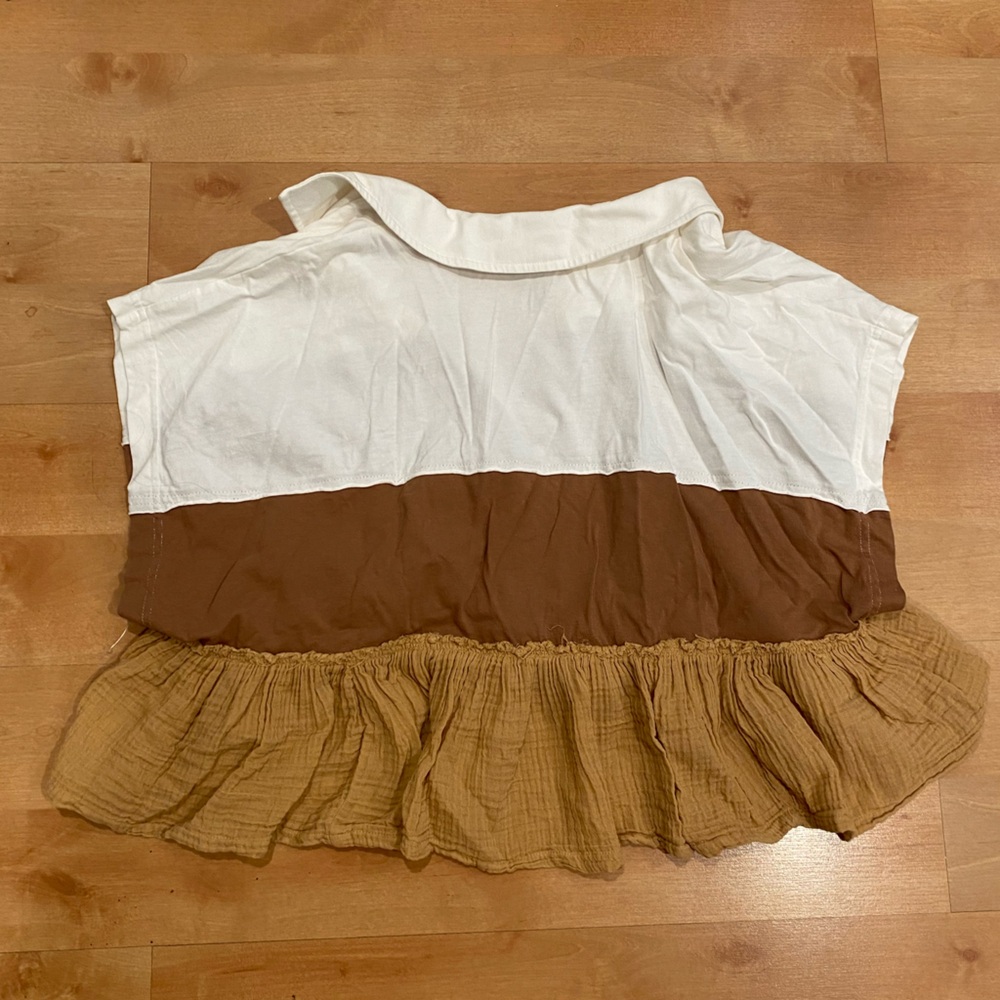 Pilcro Colorblock Ruffle Peplum Top in White, Brown and Mustard - Picture 2 of 3